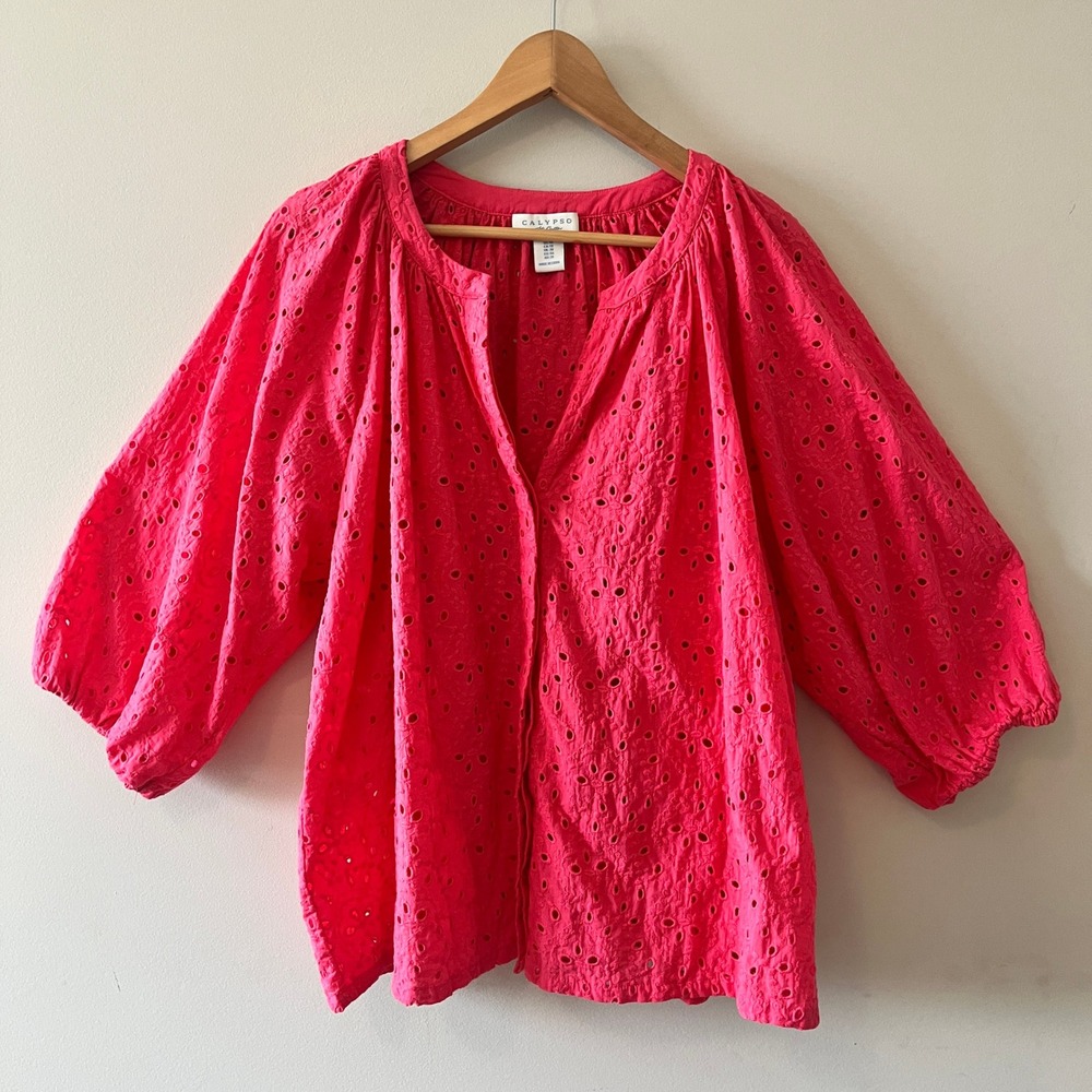 Calypso St Barth Eyelet Blouse Pink 1X Balloon Sleeve Cotton Boho Top